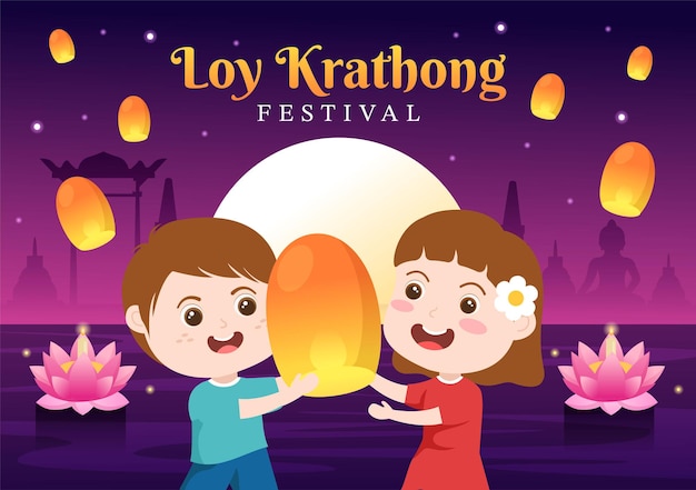 Loy Krathong Festival Celebration in Thailand Template Illustration with Krathongs Floating on Water