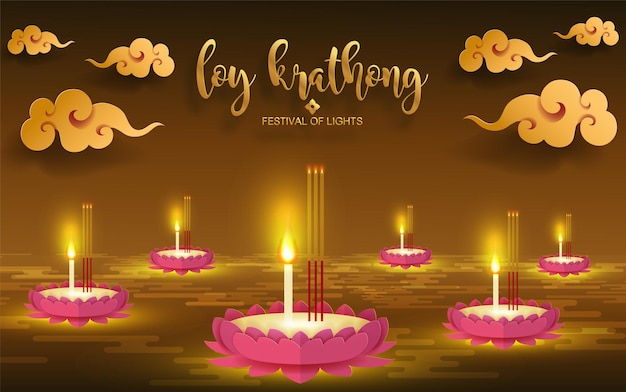 Vector loy krathong festival in flat style thai language text translation loy krathong festival