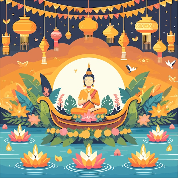 Vector loy krathong festival flat vector illustration background