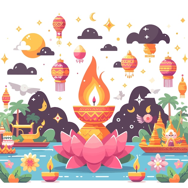 Vector loy krathong festival flat vector illustration background