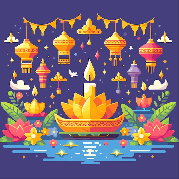 Vector loy krathong festival flat vector illustration background