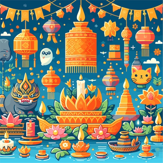 Vector loy krathong festival flat vector illustration background