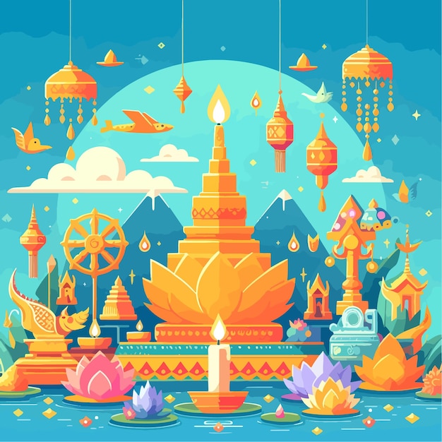 Vector loy krathong festival flat vector illustration background