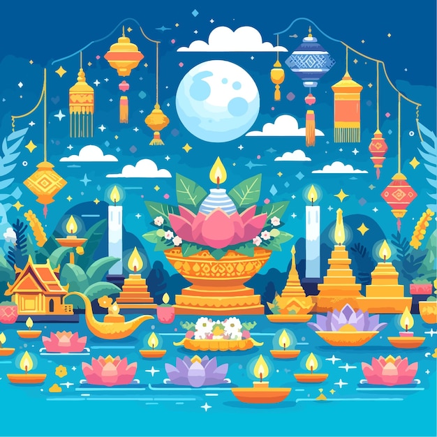 Vector loy krathong festival flat vector illustration background