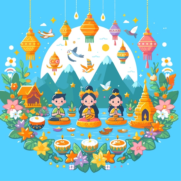 Vector loy krathong festival flat vector illustration background