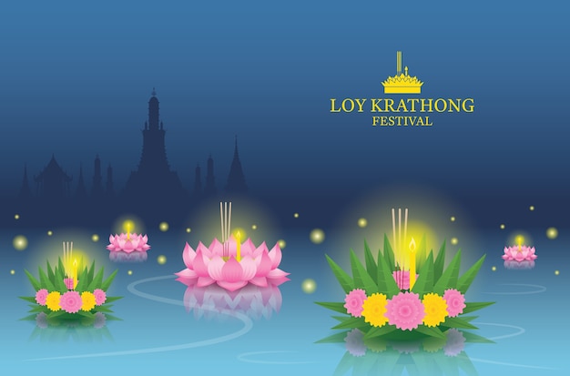 Vector loy krathong festival on the river, temple landmark skyline background