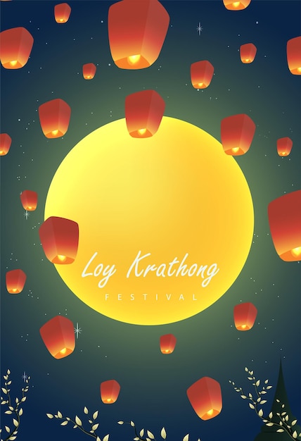 Loy krathong Festival Travel Thailand Poster Design Background Vector Illustration.