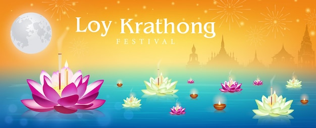 Vector loy krathong festival travel thailand poster design on orange and blue background