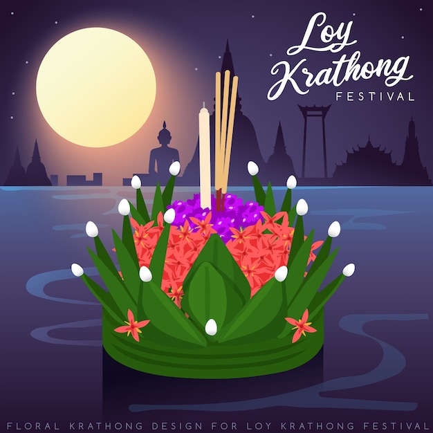 Loy Krathong, Thai Traditional Festival with full moon, pagoda and temple background