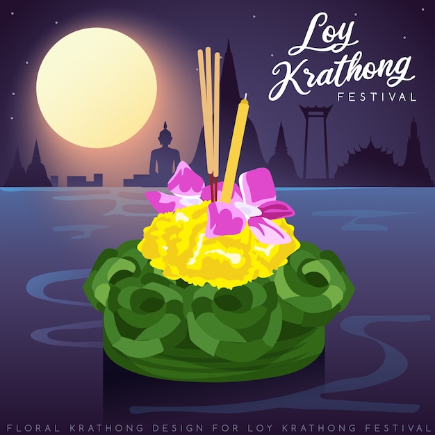 Loy Krathong, Thai Traditional Festival with full moon, pagoda and temple background