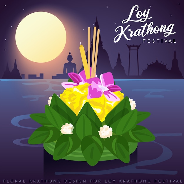 Loy Krathong, Thai Traditional Festival with full moon, pagoda and temple background