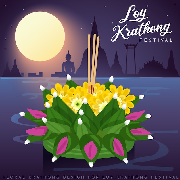 Vector loy krathong, thai traditional festival with full moon, pagoda and temple background