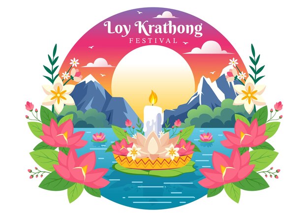 Vector loy krathong vector illustration of festival celebration in thailand with lanterns and krathongs floating on water design in flat cartoon background