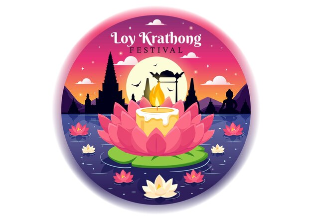 Vector loy krathong vector illustration of festival celebration in thailand with lanterns and krathongs floating on water design in flat cartoon background