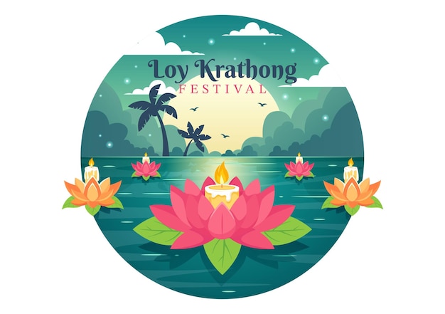 Vector loy krathong vector illustration of festival celebration in thailand with lanterns and krathongs floating on water design in flat cartoon background