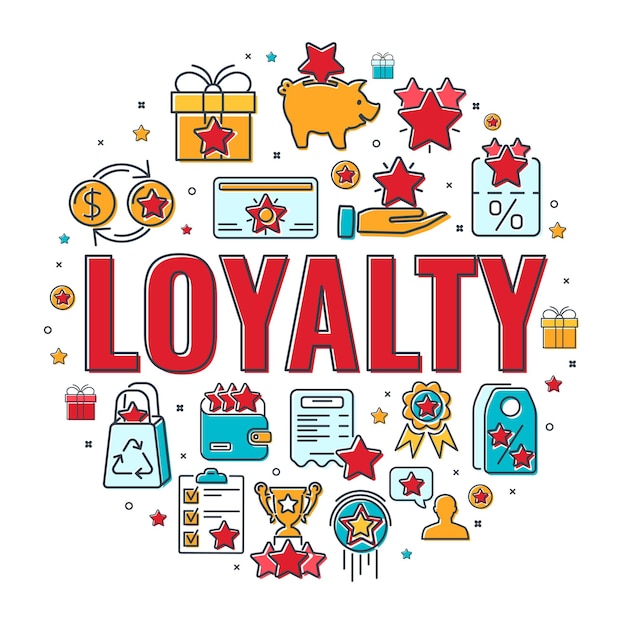 Loyalty Program banner with typography and colored line flat icons. Customer rewards with bonuses. Gift, discount coupons, bonus growth, exchange points, loyalty card. isolated vector illustration