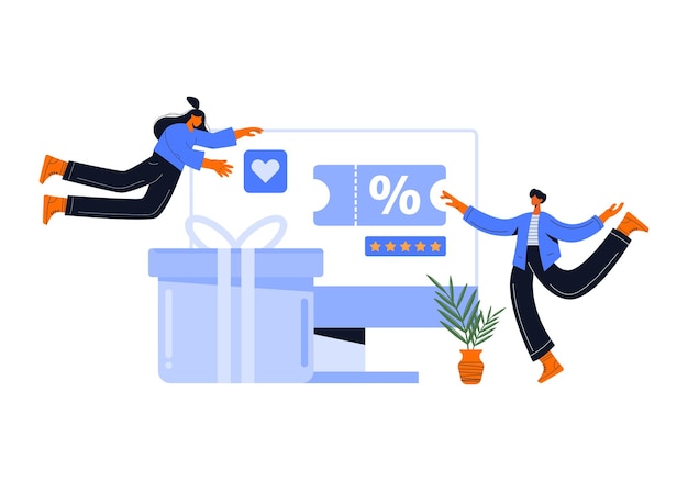 Loyalty program concept People getting gifts and rewards from store bonus points discount Flat vector illustration