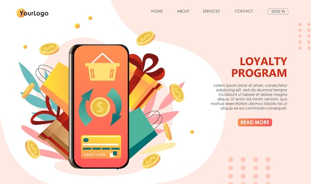 Loyalty program design concept Cash back service on mobile smartphone app application of payment by credit card on online shopping Bonus system to return money Vector illustration