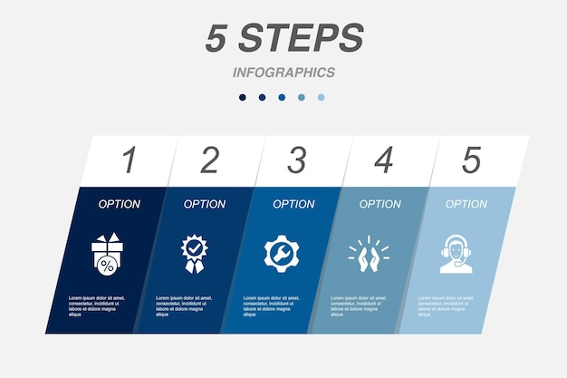 Loyalty program quality service respect support icons Infographic design template Creative concept with 5 steps