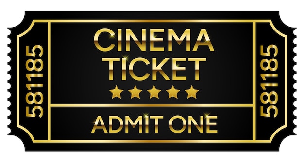 Lucky Black and Gold Admit One Cinema Ticket Sticker with Stars vector illustration