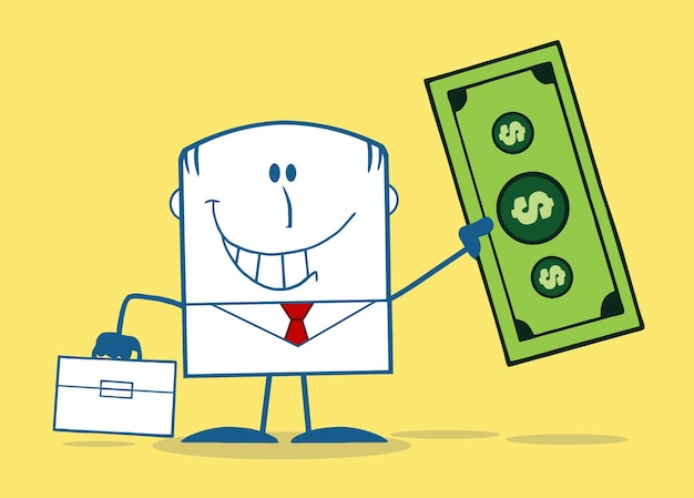 Lucky Businessman With Briefcase Holding A Dollar Bill Monochrome Cartoon Character