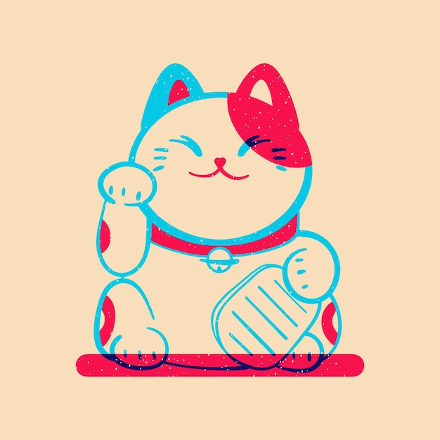 Lucky cat Colorful cute screen printing effect Riso print effect Vector illustration