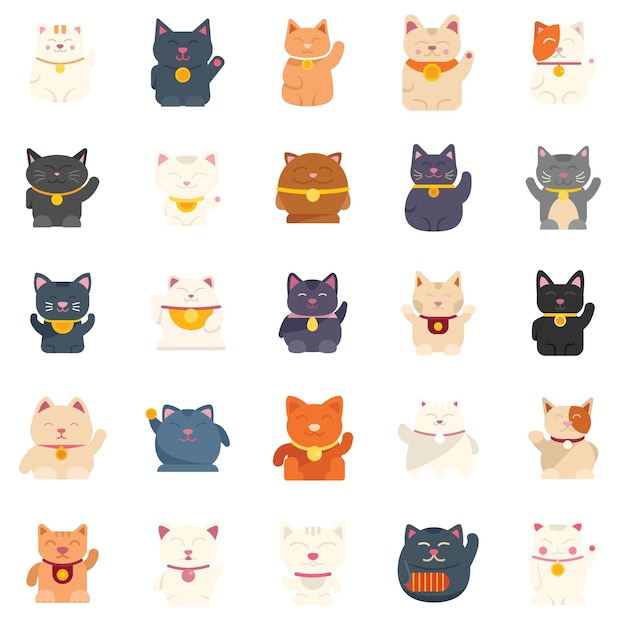 Lucky cat icons set flat vector Asian animal