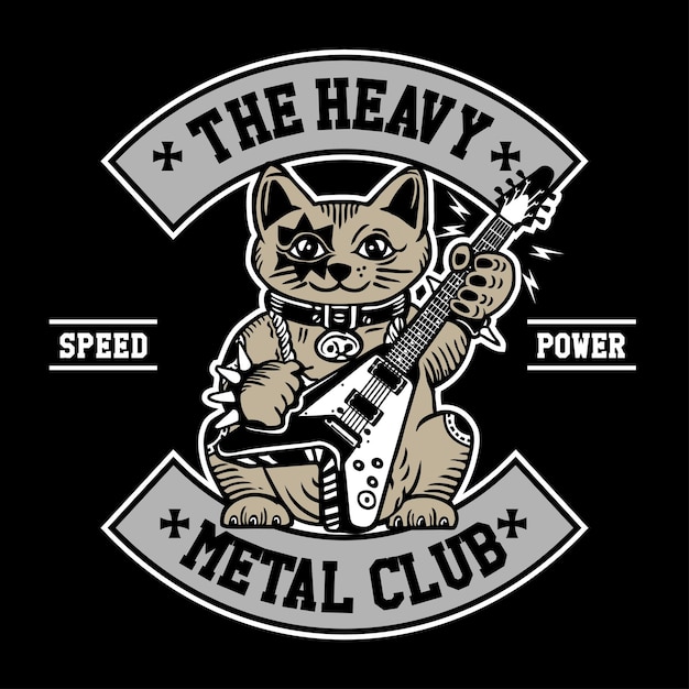 The Lucky Cat Mascot Character Design with Electric Guitar Hand Drawing Vector Illustration in Patch