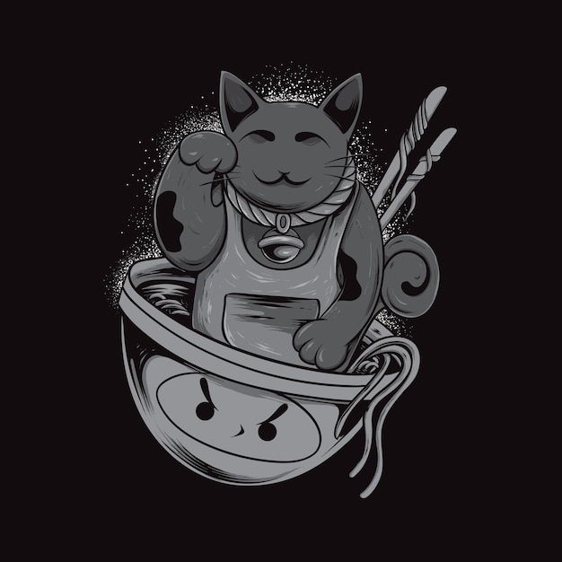 Lucky cat with noodles black and white