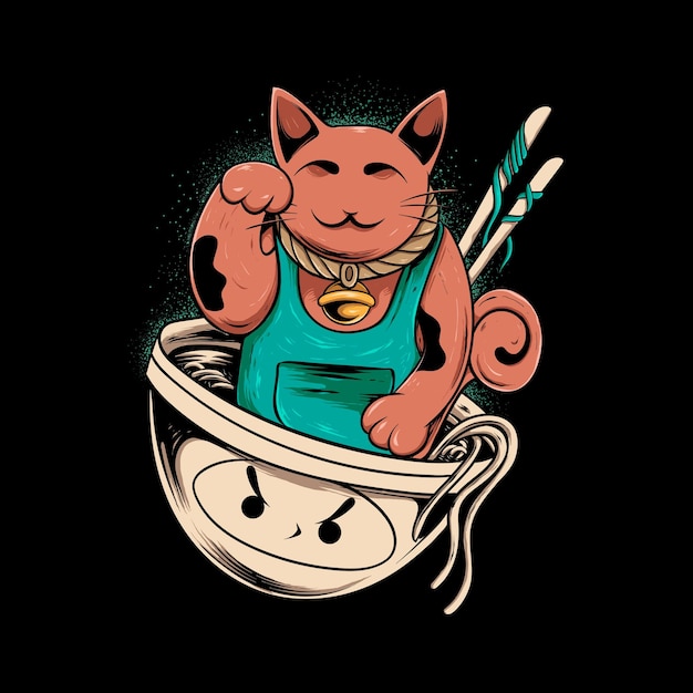 lucky cat with noodles for tshirt design and print