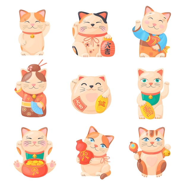 Lucky cats Traditional japanese cat statuettes maneki neko japan kitten cartoon money or fortune chinese souvenirs funny asian smile doll with coins neat vector illustration