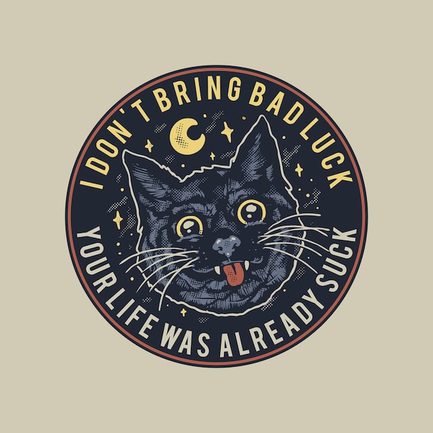 Lucky cute black cat vintage badge illustration