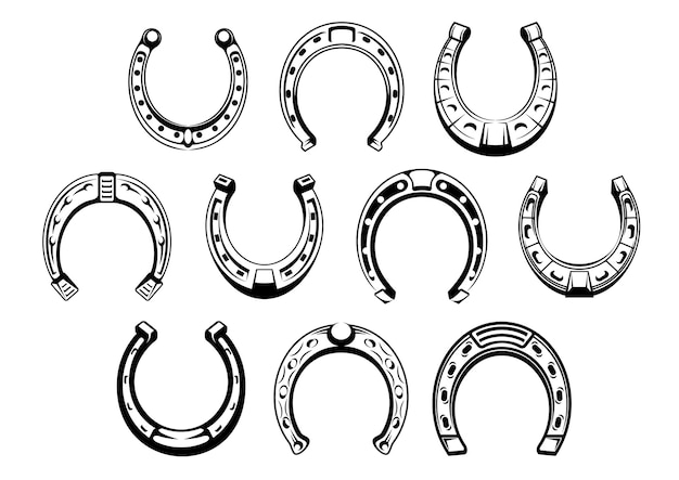 Lucky horseshoes clipart with decorative ornaments of nail holes, figured toes and rounded heels.