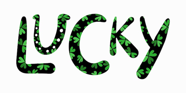 Lucky lettering with clovers and horseshoe u vector illustration