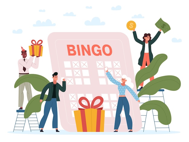 Lucky people play lottery game, bingo gambling games concept. Bingo or lotto lottery lucky gamers vector illustration. Lottery gambling entertainment