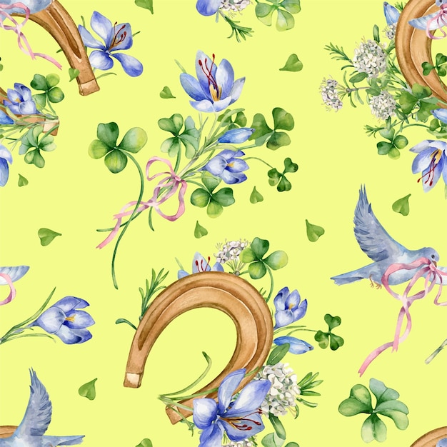 Lucky symbol horseshoe and flowers in botanical art watercolor seamless pattern isolated on yellow Painted saffron clover and bird Design for StPatricks dayEaster spring banner paper textile