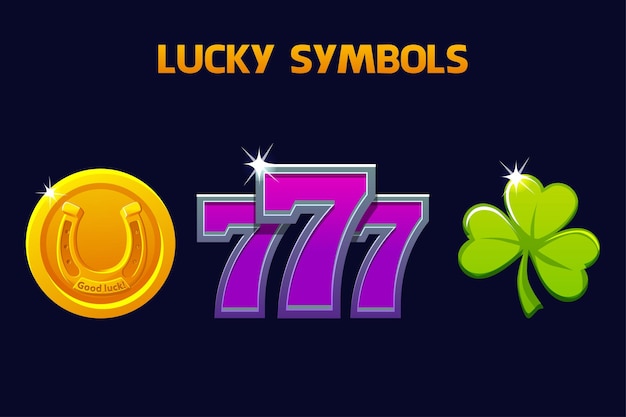 Lucky symbols seven clover and horseshoe Golden icons for slots and casino game