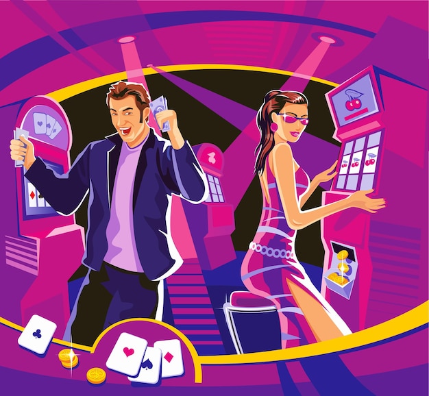 Lucky woman hold casino chips while spinning roulete. Lucky man hold money. Interior casino - slot machines, chairs, light projectors. Design concept for gambling luck ans successful play.