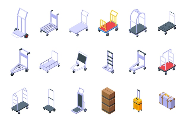 Luggage trolley icons set isometric vector. Business bag