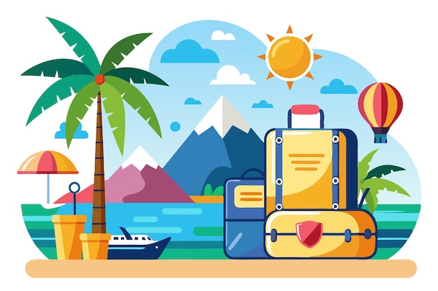 Vector luggage on a tropical beach with a hot air balloon and mountains in the background