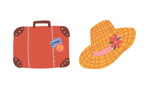 Vector luggage or trunk and straw hat as travel and tourism symbol vector set