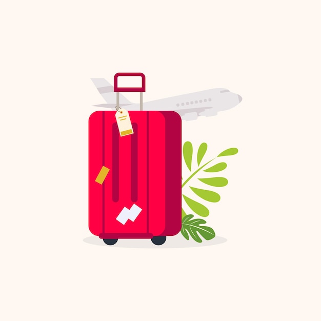 Luggage with plants in the airport and a plane