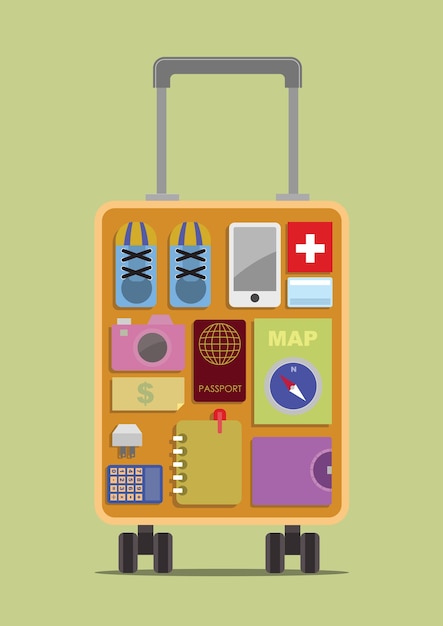 luggage with travel items inside. vector illustration