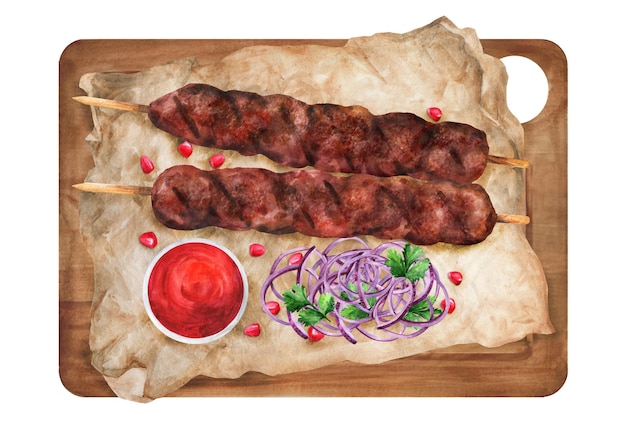 Lula kebab with sauce and onions on a wooden board. Turkish, Caucasian cuisine.Watercolor