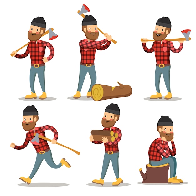 Lumberjack Cartoon Character Set. Woodcutter with Axe. 