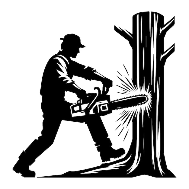 a lumberjack cutting log with a chainsaw vector illustration in black and white