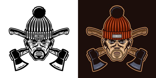 Vector lumberjack head in knitted hat with bristle and crossed axes two styles black on white and colorful on dark background vector illustration