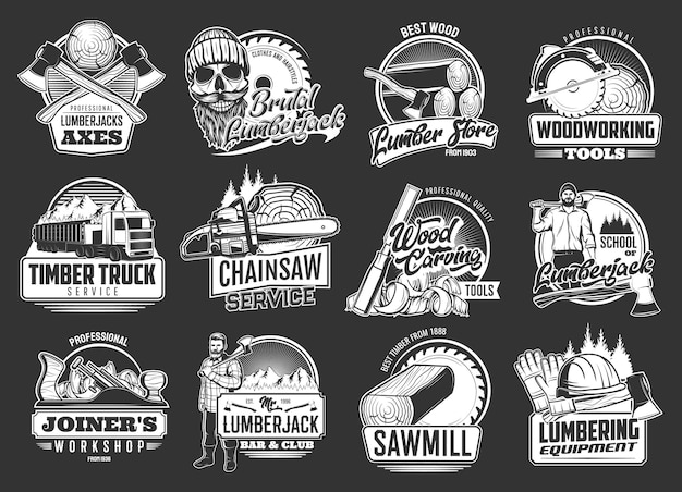 Vector lumberjack and lumbering industry retro icons