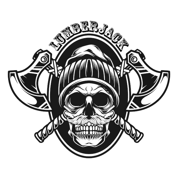 Lumberjack skull with hat and ax black and white