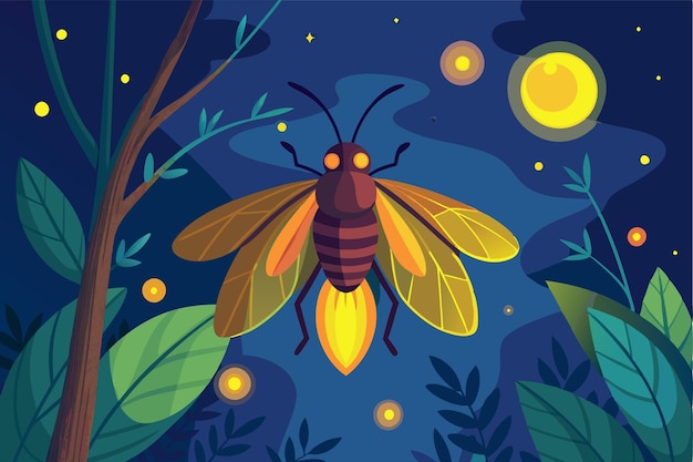 Vector luminous fireflies illuminate a dark forest under a starry sky creating a magical atmosphere fireflies customizable semi flat illustration